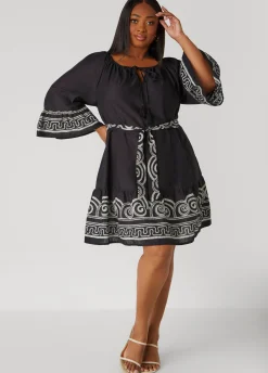 Outlet Ashley Stewart Scroll Print Cotton Swing Dress Black White