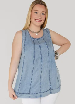 Fashion Ashley Stewart Seamed Chambray Top Denim