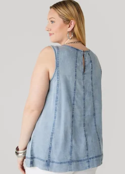 Fashion Ashley Stewart Seamed Chambray Top Denim