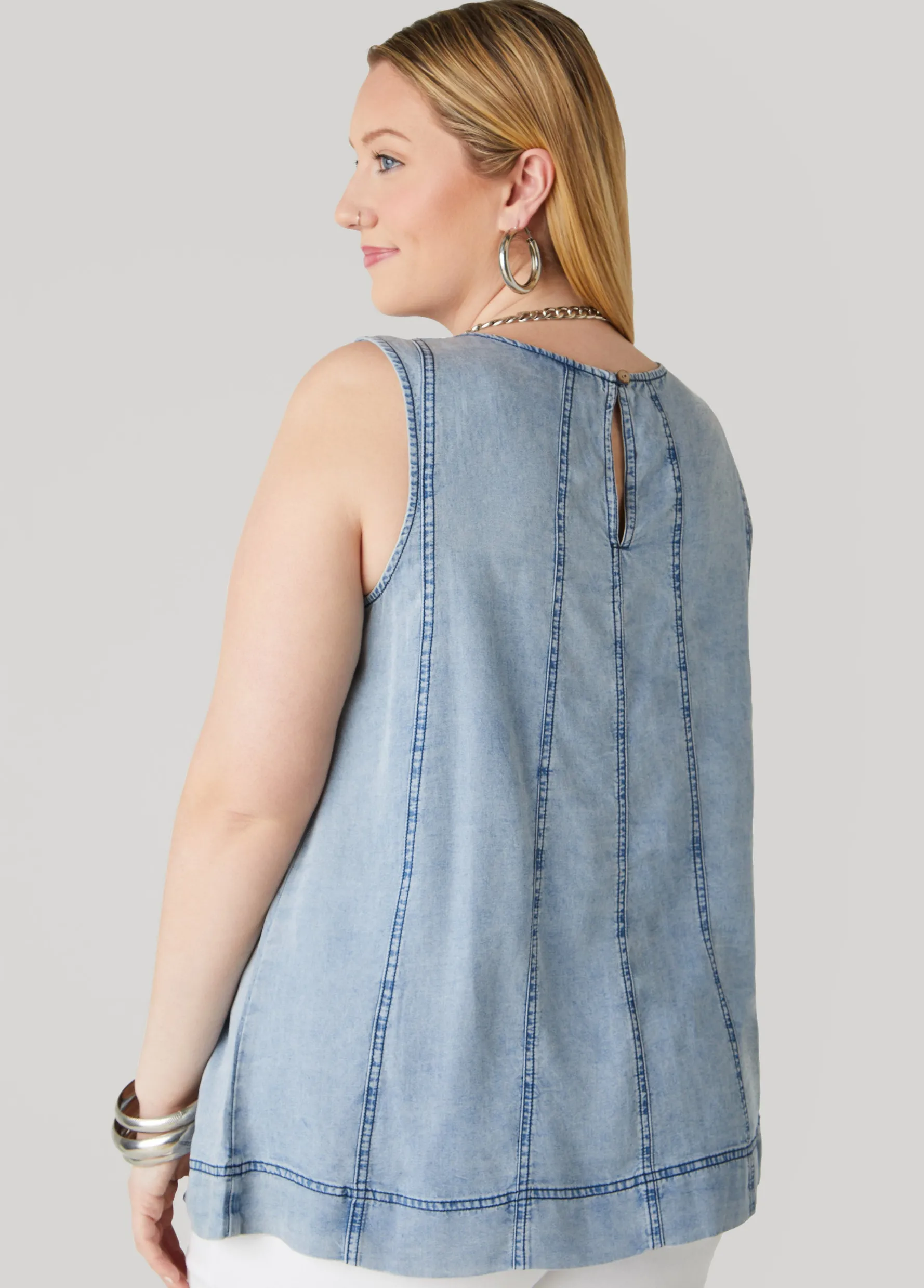Fashion Ashley Stewart Seamed Chambray Top Denim