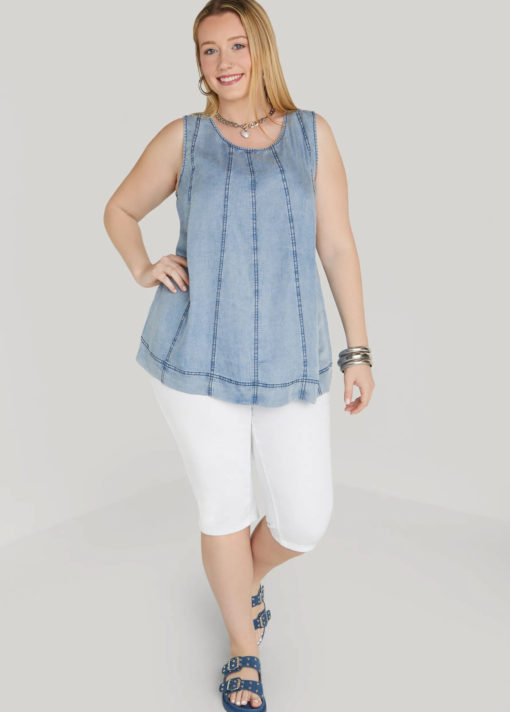 Fashion Ashley Stewart Seamed Chambray Top Denim