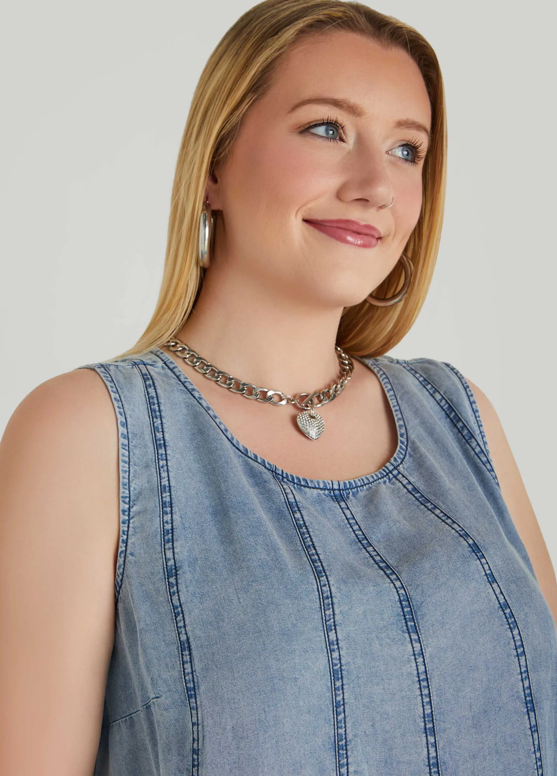 Fashion Ashley Stewart Seamed Chambray Top Denim