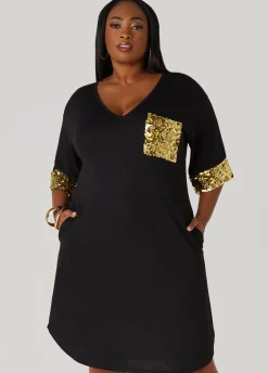 Fashion Ashley Stewart Sequined T Shirt Dress Black