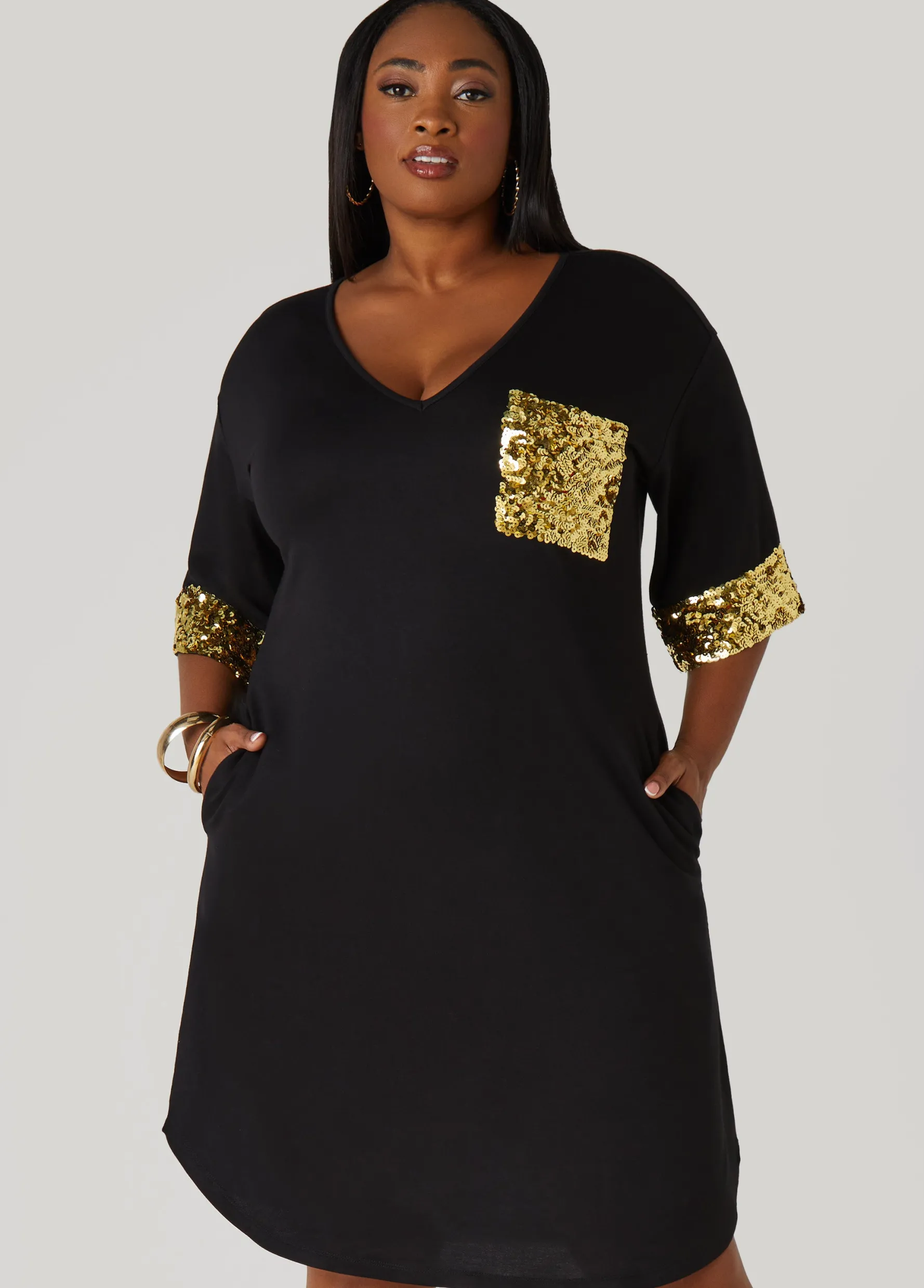 Fashion Ashley Stewart Sequined T Shirt Dress Black