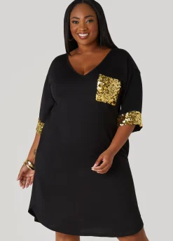 Fashion Ashley Stewart Sequined T Shirt Dress Black