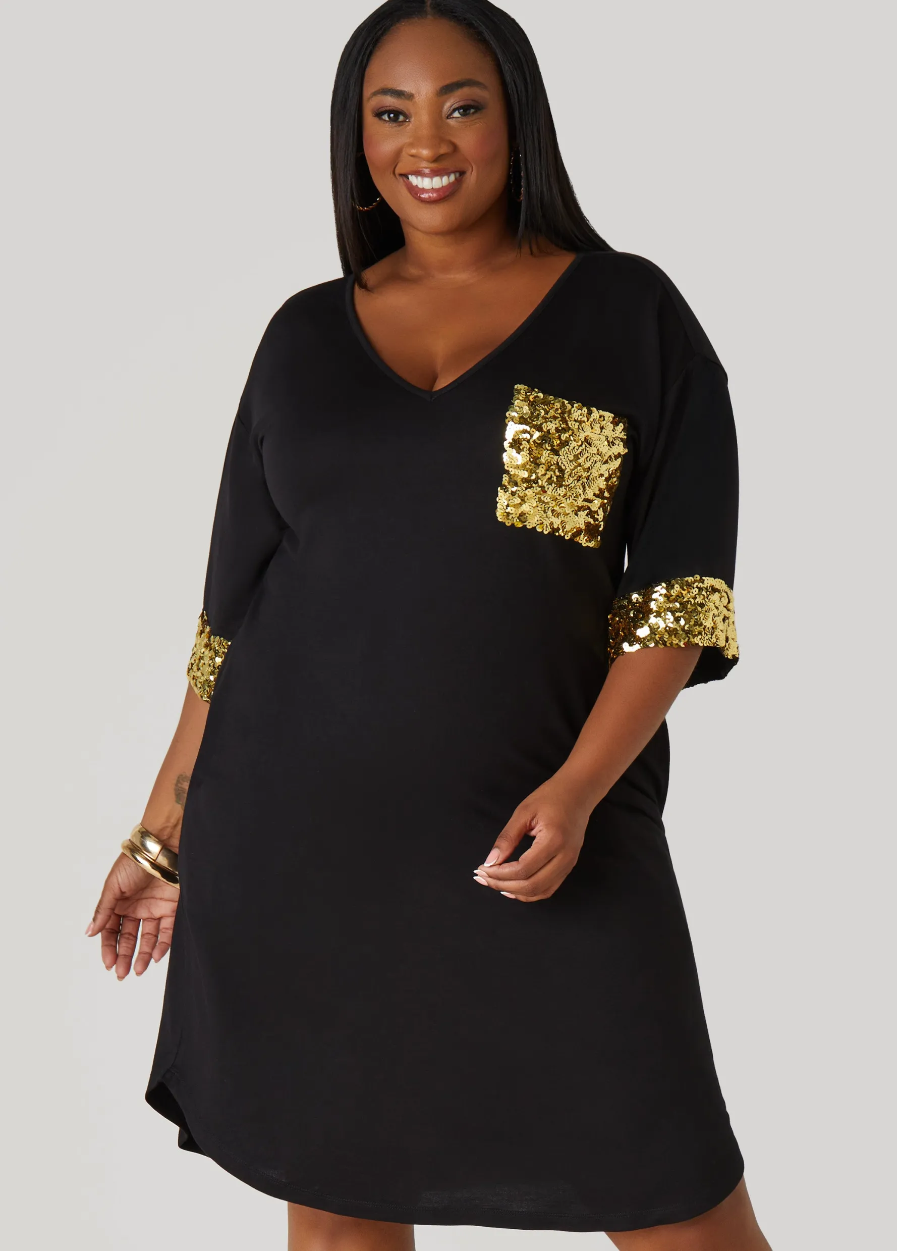 Fashion Ashley Stewart Sequined T Shirt Dress Black