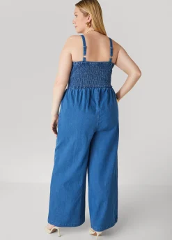 Sale Ashley Stewart Shirred Denim Wide Leg Jumpsuit Medium Blue