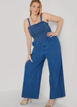 Sale Ashley Stewart Shirred Denim Wide Leg Jumpsuit Medium Blue