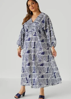 Hot Ashley Stewart Shirred Printed Cotton Dress Navy Peony