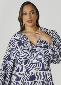 Hot Ashley Stewart Shirred Printed Cotton Dress Navy Peony