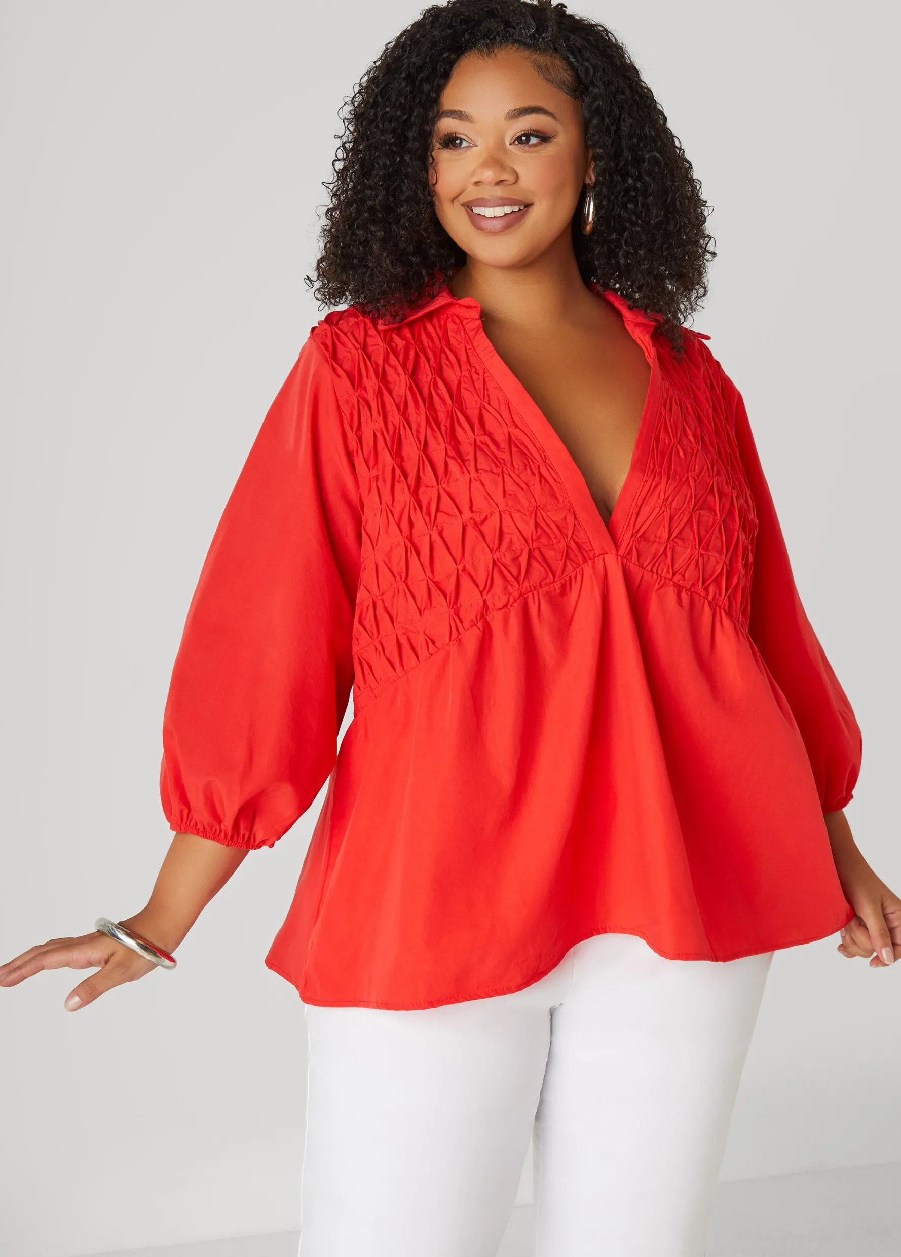Best Ashley Stewart Smocked Cotton Blend Blouse
