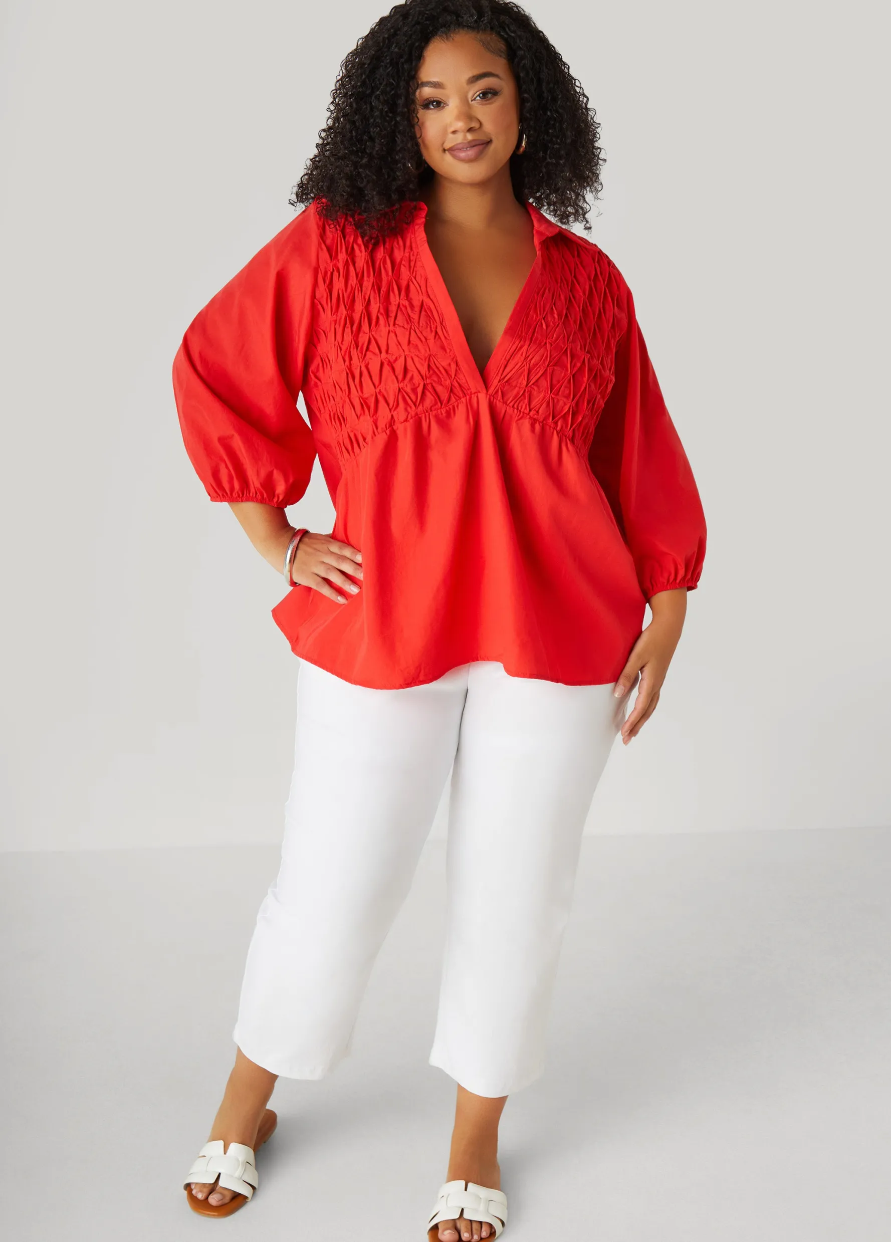 Best Ashley Stewart Smocked Cotton Blend Blouse