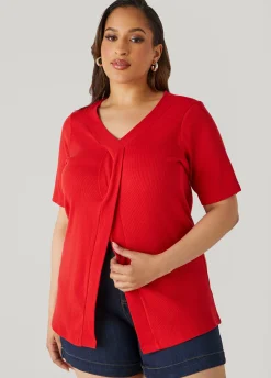 New Ashley Stewart Split Front Ribbed Top Aura Orange