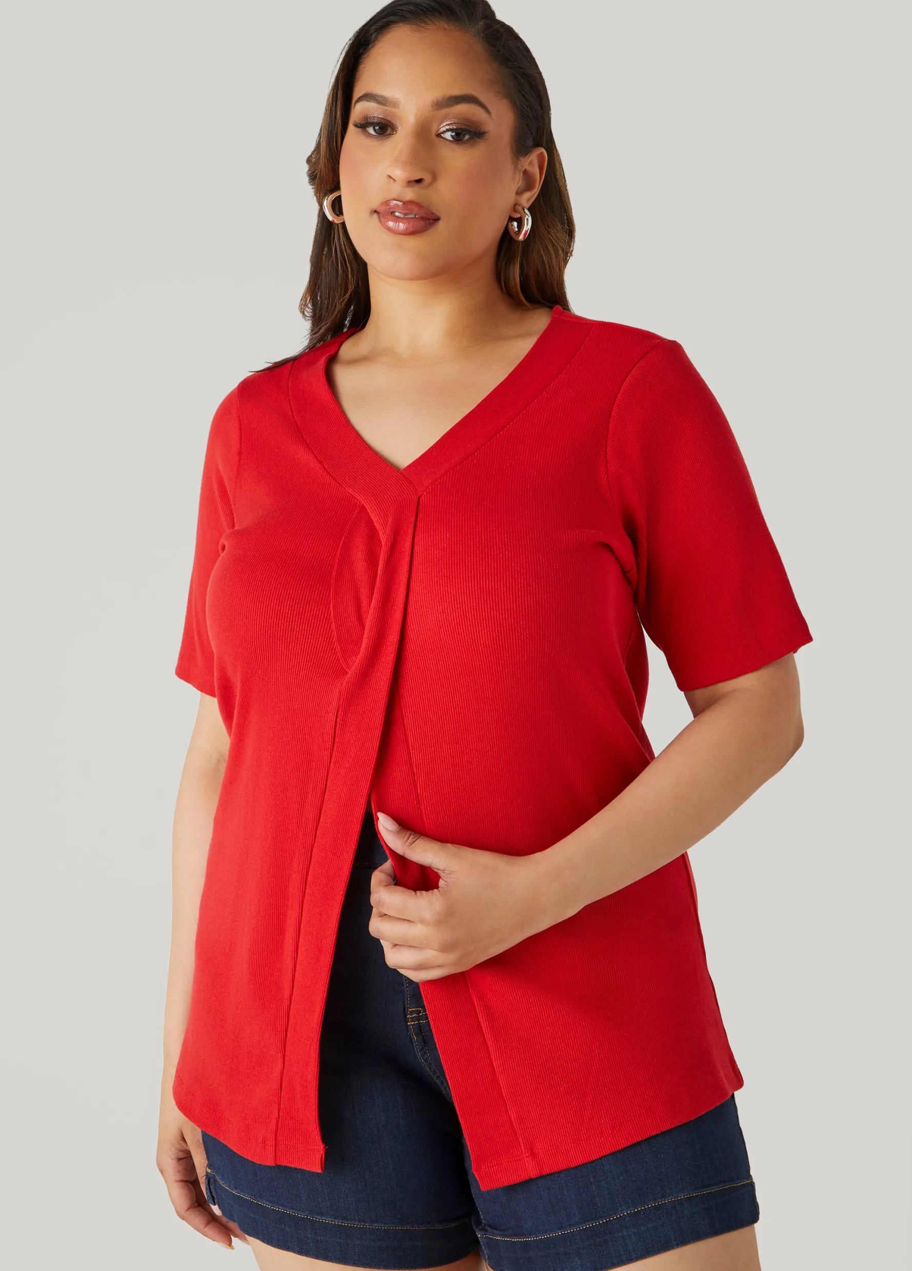 New Ashley Stewart Split Front Ribbed Top Aura Orange