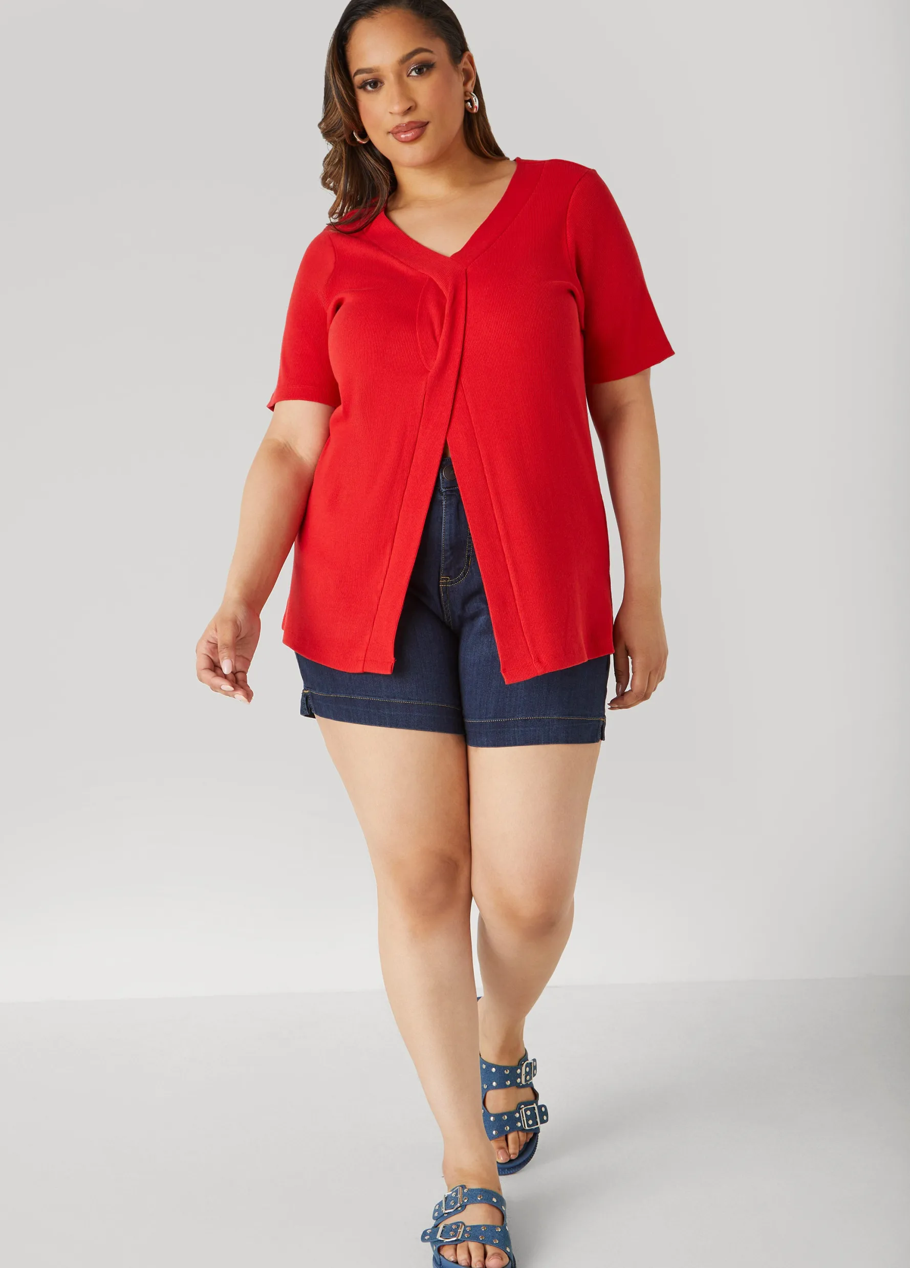 New Ashley Stewart Split Front Ribbed Top Aura Orange
