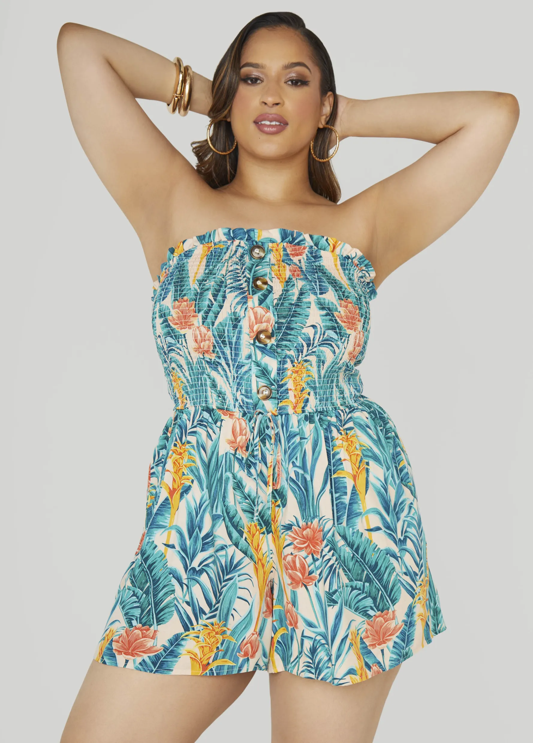 Online Ashley Stewart Strapless Tropical Print Romper Amazon