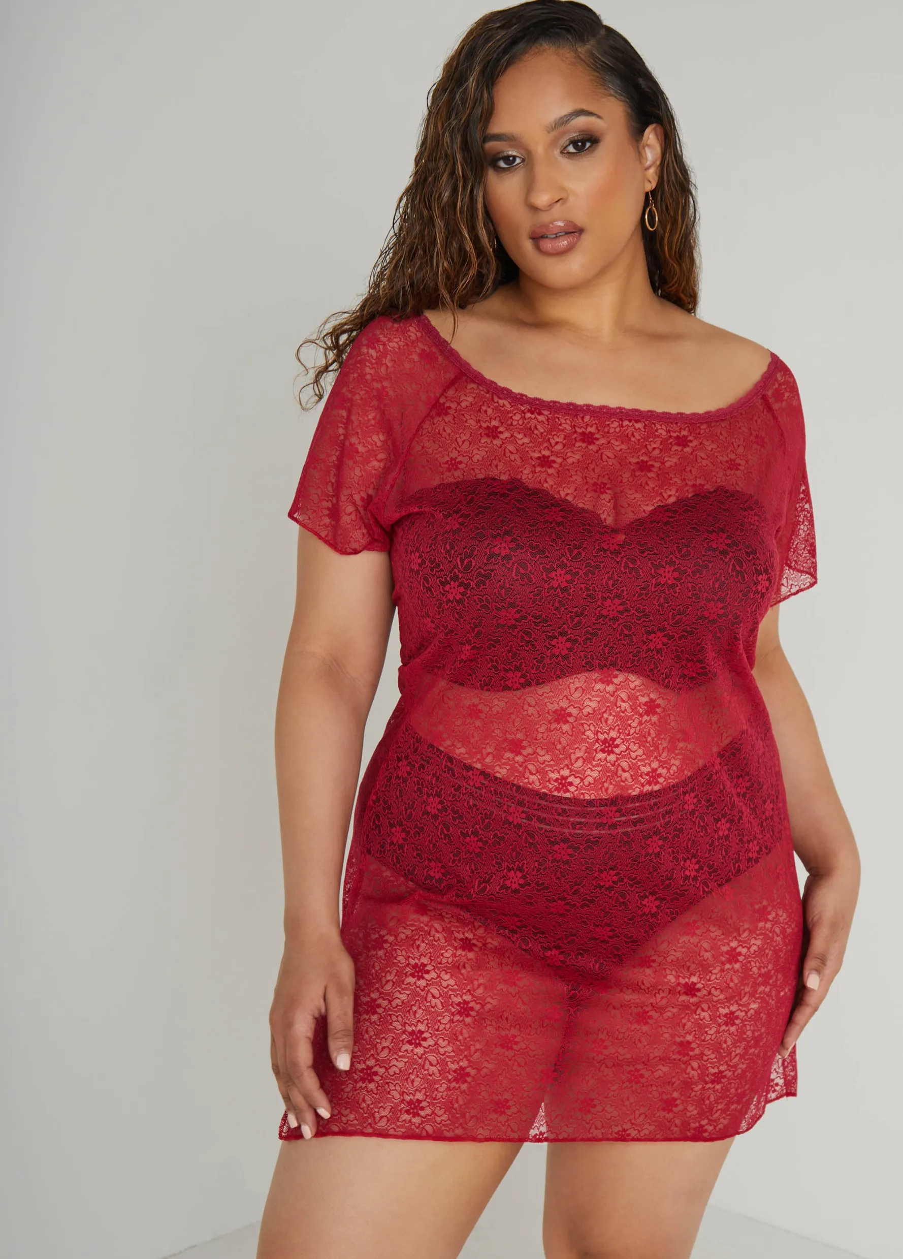 Hot Ashley Stewart Stretch Lace Chemise Magenta