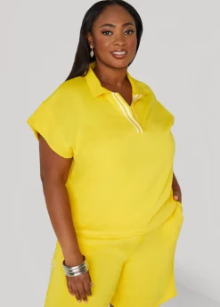 New Ashley Stewart Striped French Terry Polo Top Cyber Yellow