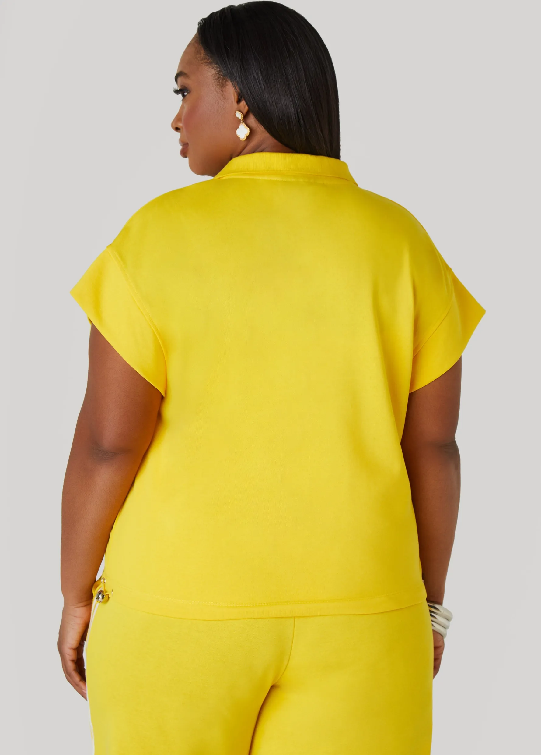 New Ashley Stewart Striped French Terry Polo Top Cyber Yellow