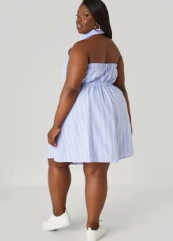 Outlet Ashley Stewart Striped Oxford Halter Dress Blue