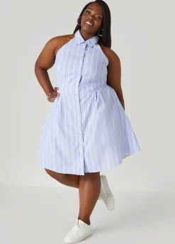 Outlet Ashley Stewart Striped Oxford Halter Dress Blue