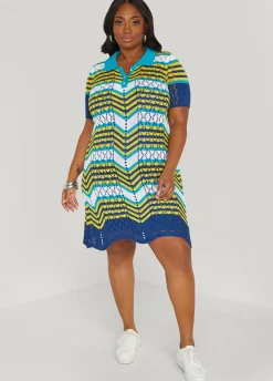 Best Ashley Stewart Striped Pointelle Knit Polo Dress