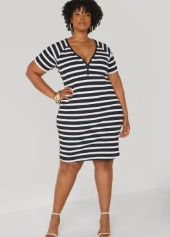 New Ashley Stewart Striped Ribbed T Shirt Dress Black White