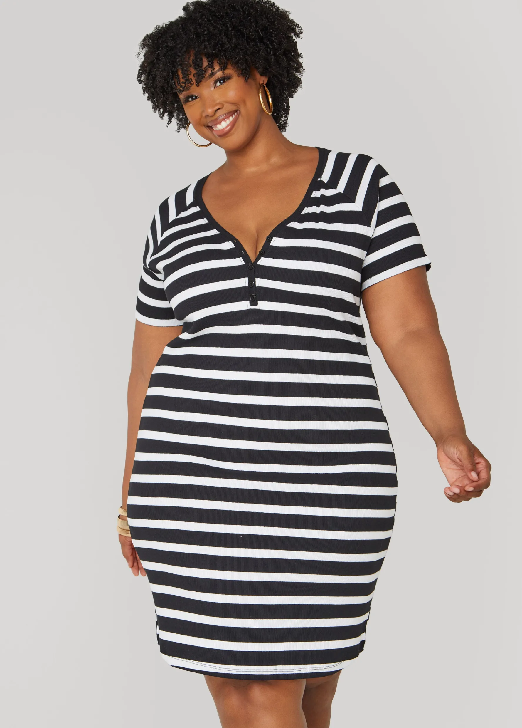 New Ashley Stewart Striped Ribbed T Shirt Dress Black White