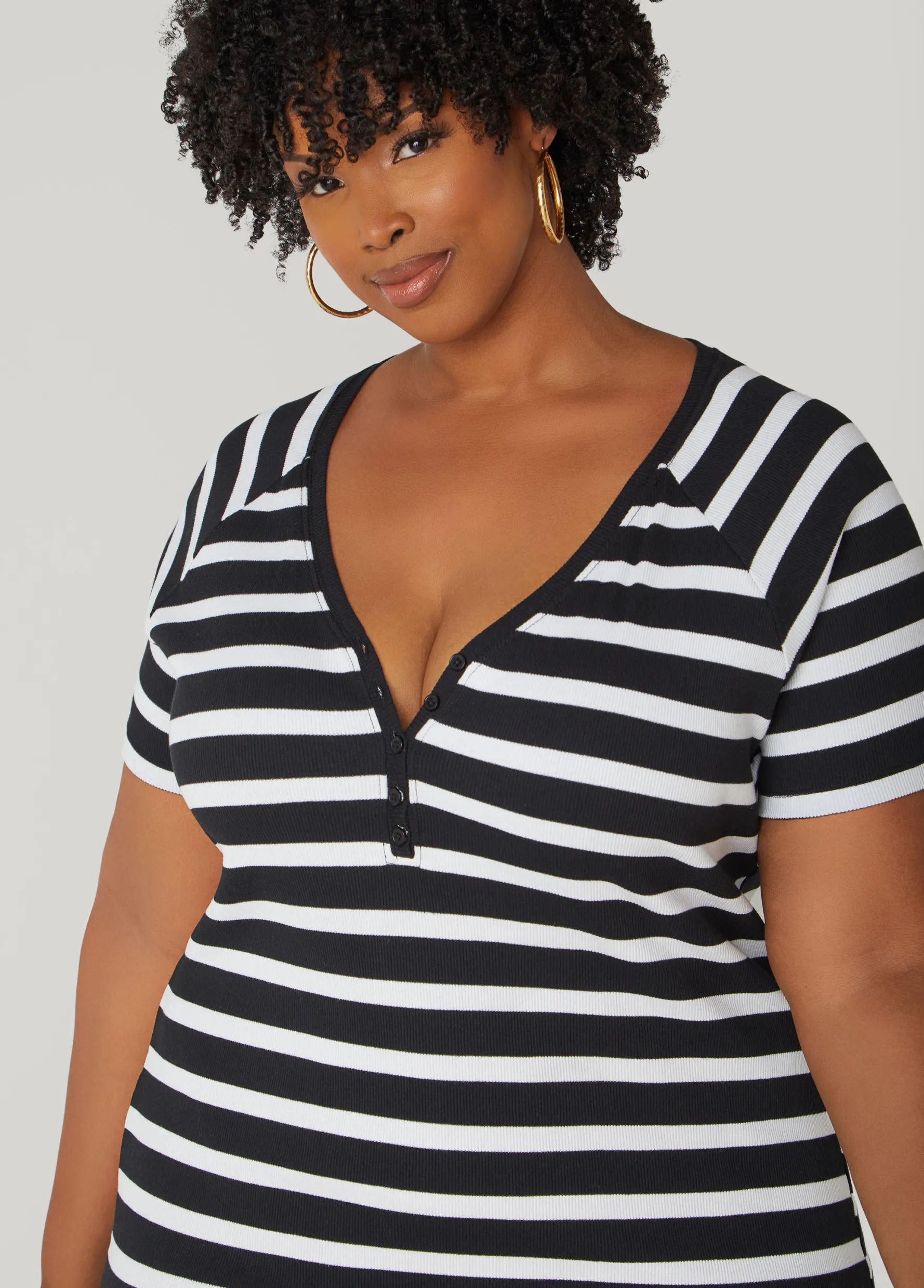 New Ashley Stewart Striped Ribbed T Shirt Dress Black White