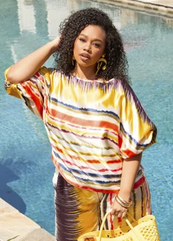 New Ashley Stewart Striped Satin Blouse Multi