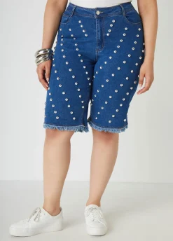 Clearance Ashley Stewart Studded Denim Bermuda Shorts Dk Rinse
