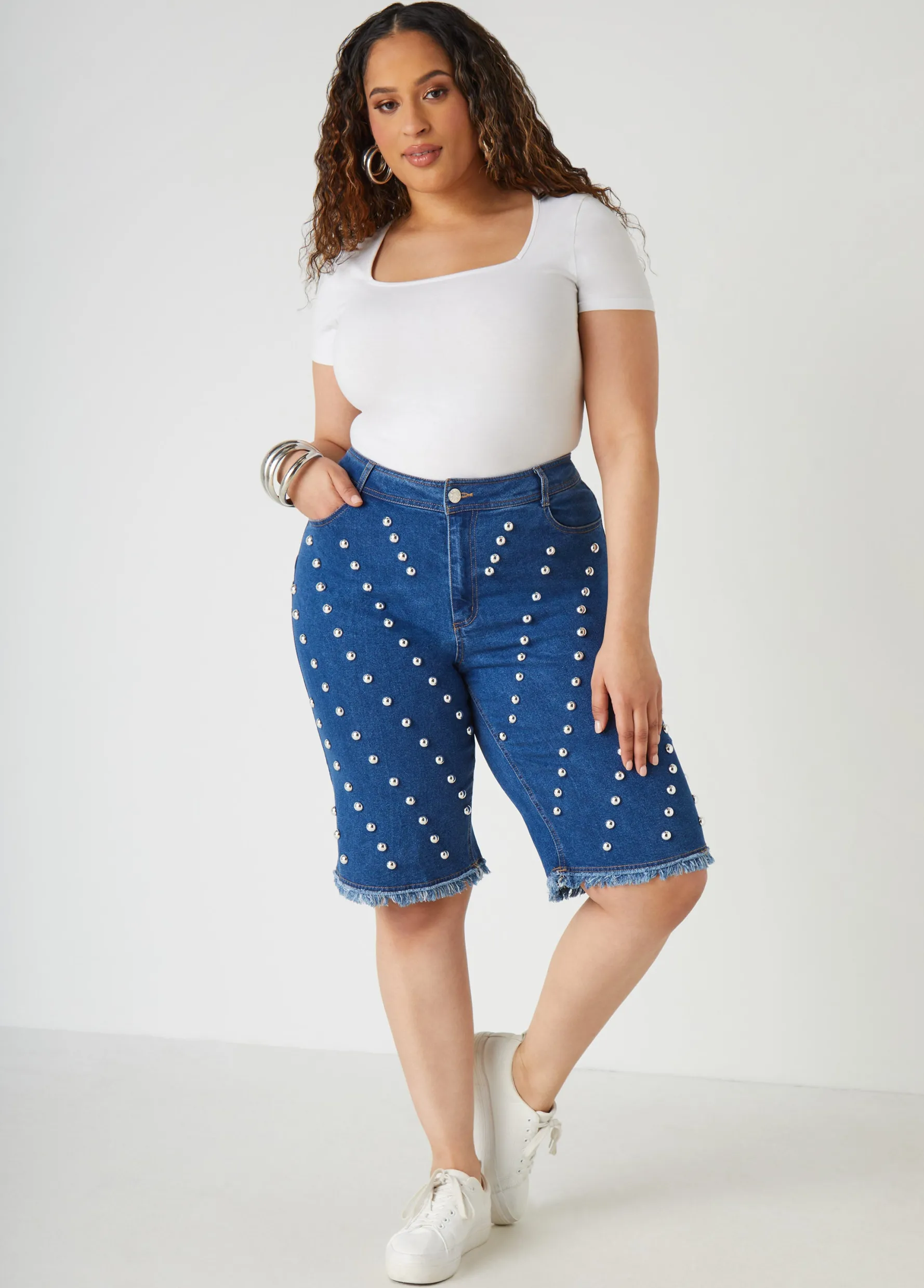 Clearance Ashley Stewart Studded Denim Bermuda Shorts Dk Rinse