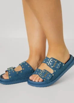 Outlet Ashley Stewart Studded Buckle Sandals Denim
