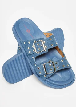Outlet Ashley Stewart Studded Buckle Sandals Denim