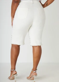 Outlet Ashley Stewart Studded Frayed Denim Bermuda Shorts White