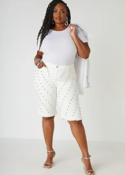 Outlet Ashley Stewart Studded Frayed Denim Bermuda Shorts White