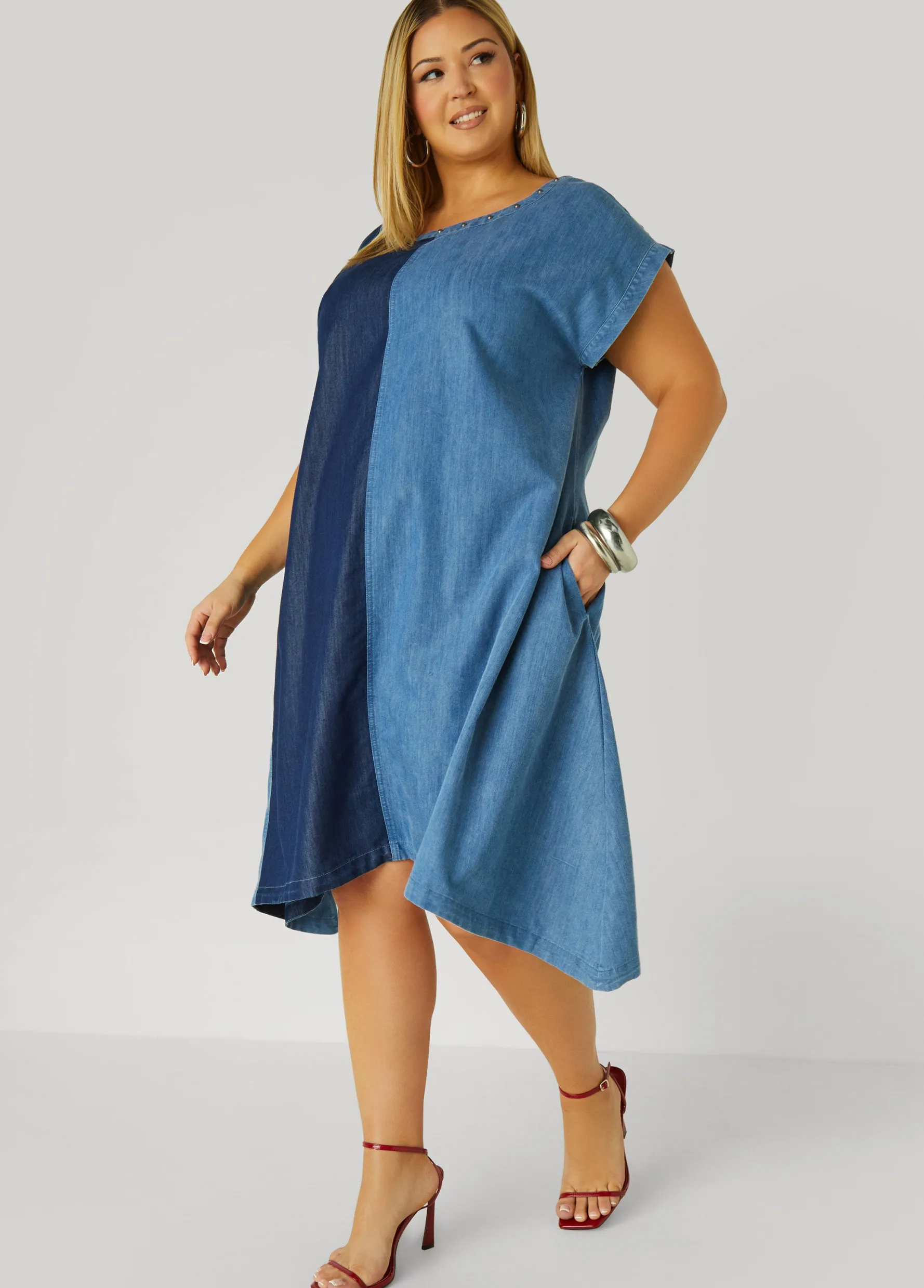 Hot Ashley Stewart Studded Two Tone Chambray Dress Denim