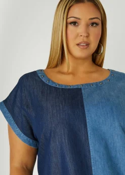 Hot Ashley Stewart Studded Two Tone Chambray Dress Denim
