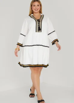 Online Ashley Stewart Tasseled Cotton Swing Dress White Black