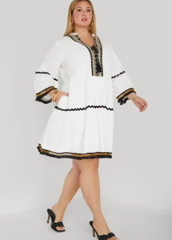 Online Ashley Stewart Tasseled Cotton Swing Dress White Black