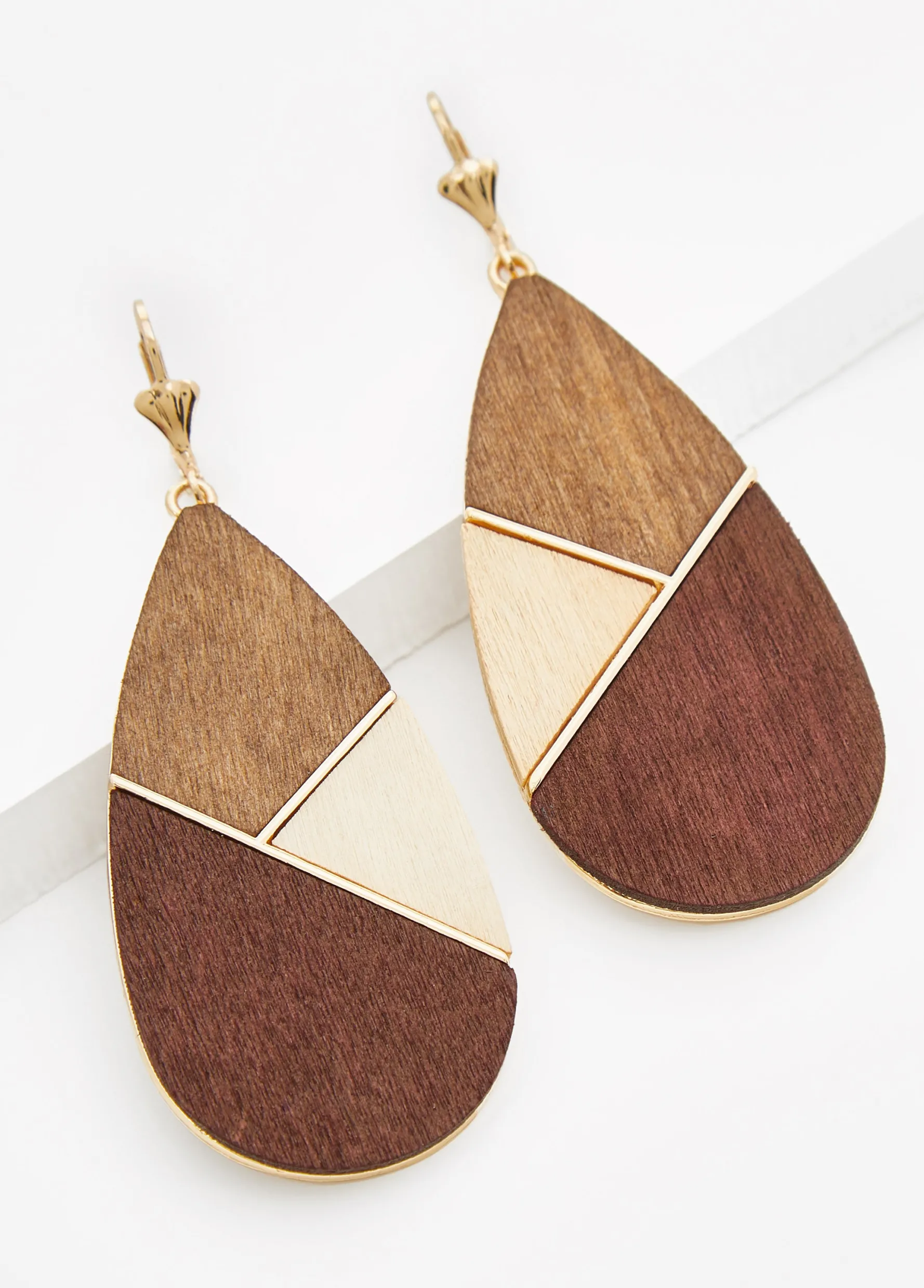 Clearance Ashley Stewart Teardrop Colorblock Wood Earrings Brown