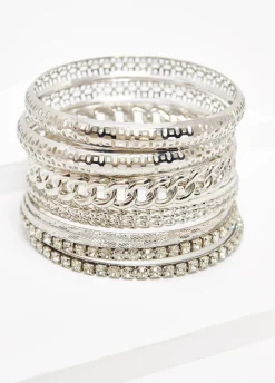 Discount Ashley Stewart Textured Tone Bangle Set Silver