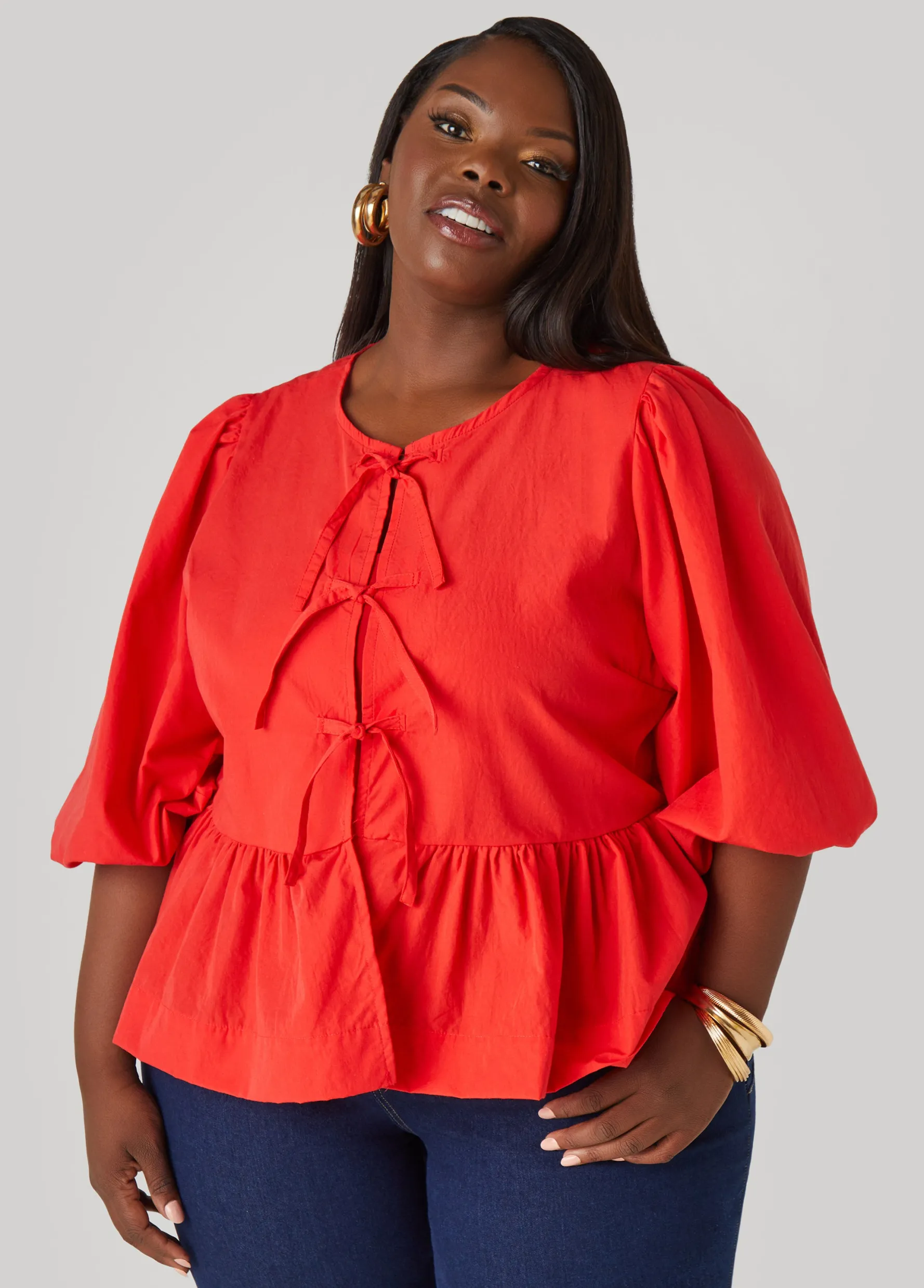 Hot Ashley Stewart Tie Front Peplum Top