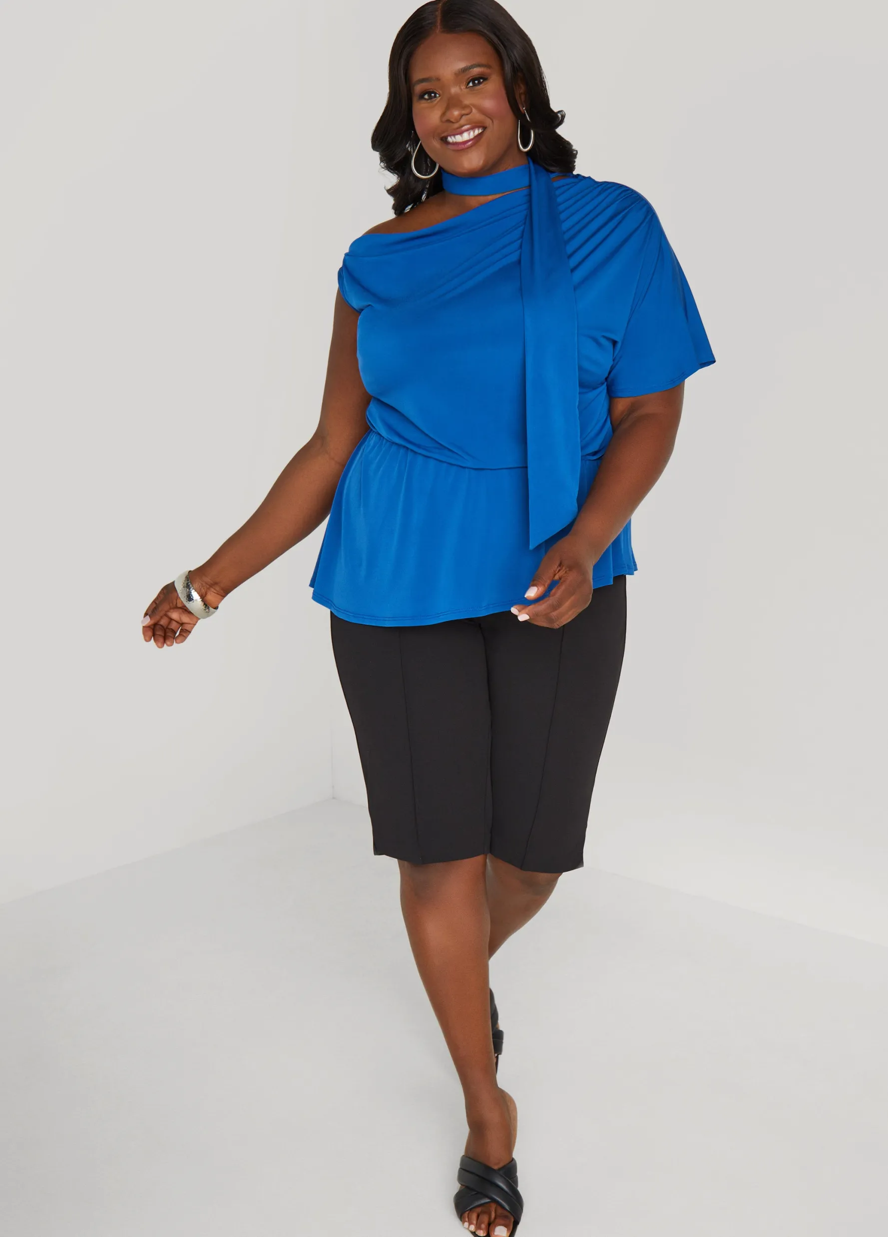 Discount Ashley Stewart Tie Neck Peplum Top