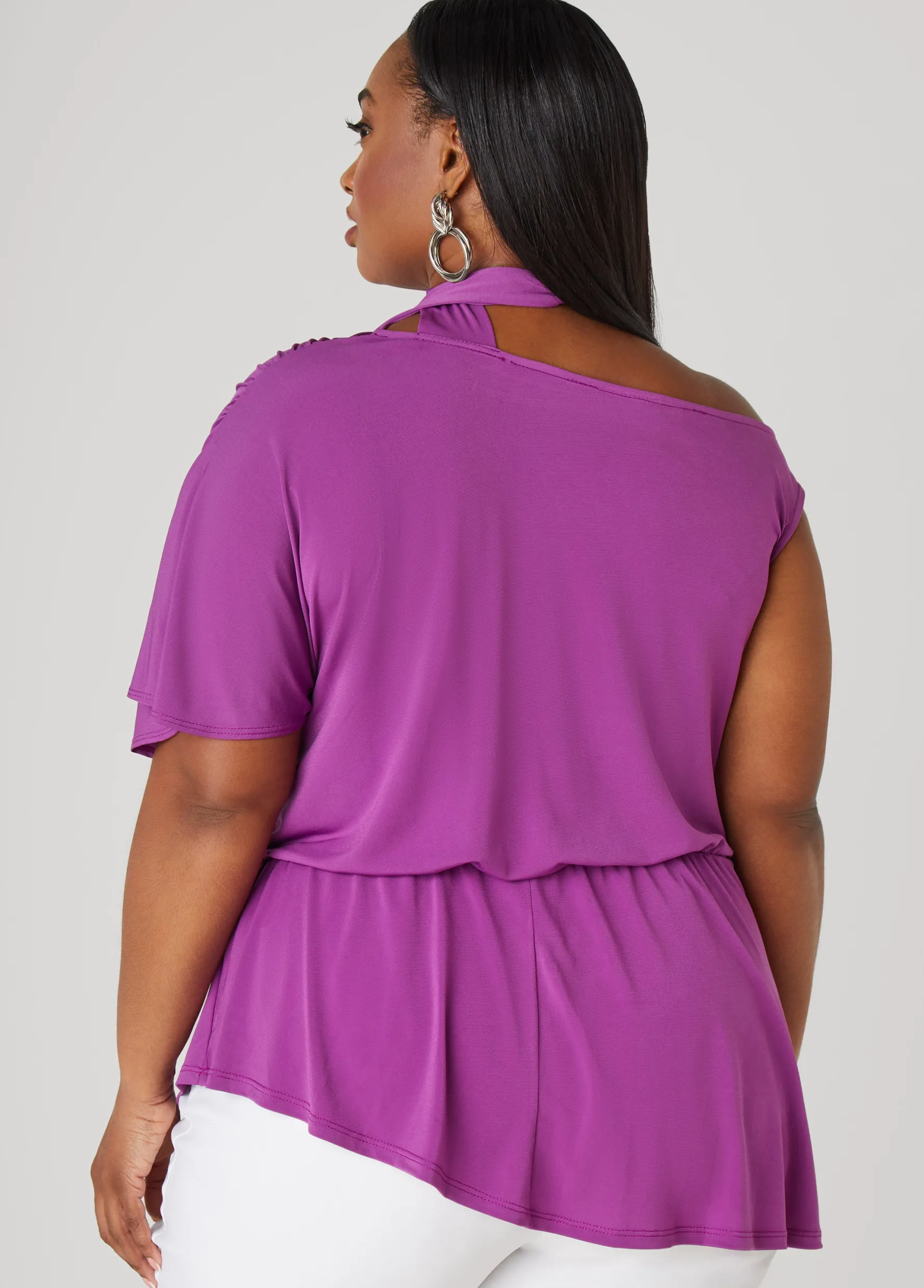 Discount Ashley Stewart Tie Neck Peplum Top