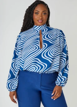 New Ashley Stewart Tie Neck Wavy Print Blouse Navy Peony