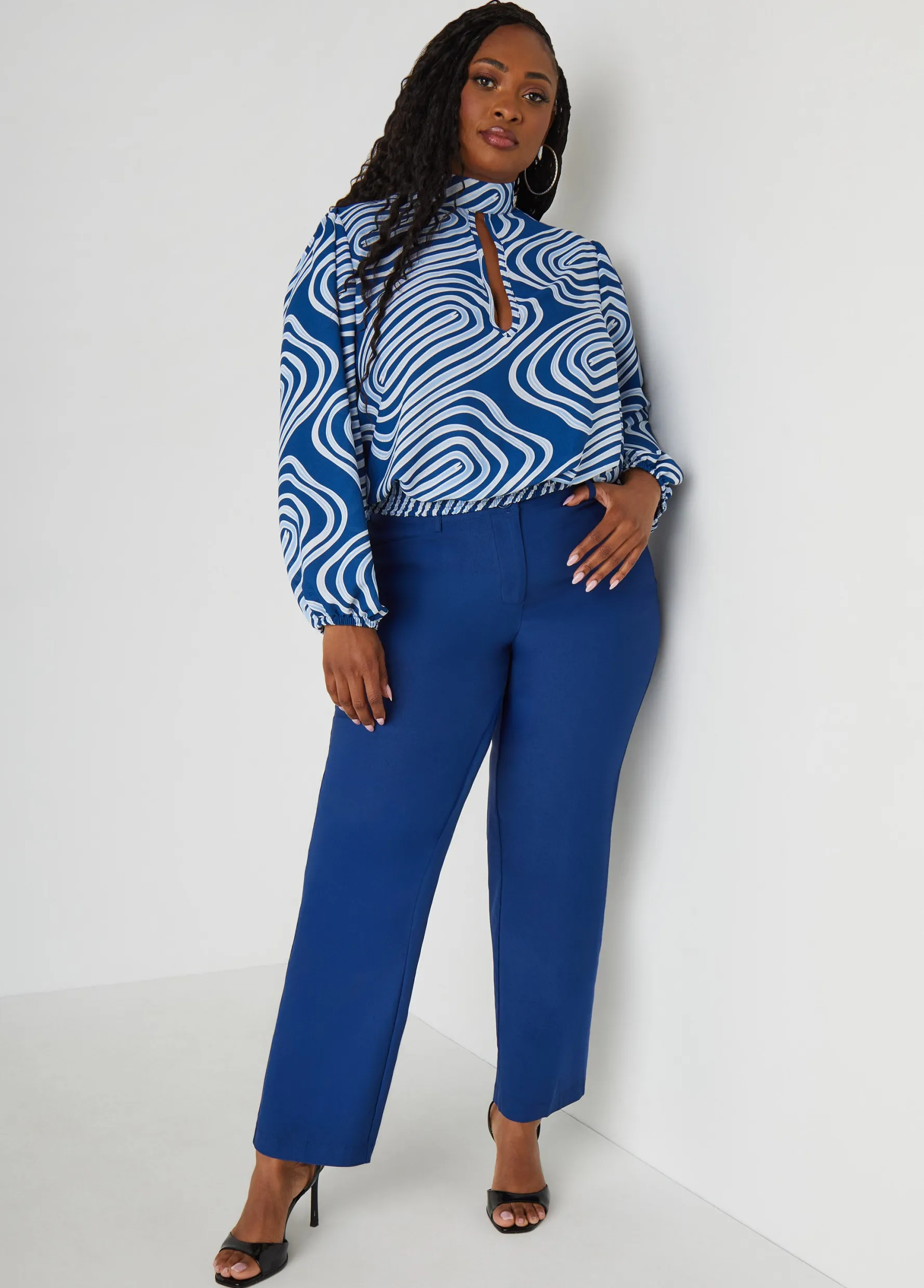 New Ashley Stewart Tie Neck Wavy Print Blouse Navy Peony