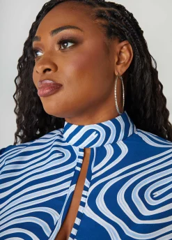 New Ashley Stewart Tie Neck Wavy Print Blouse Navy Peony