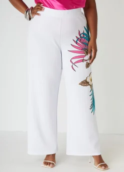 New Ashley Stewart Tropical Print Wide Leg Pants White