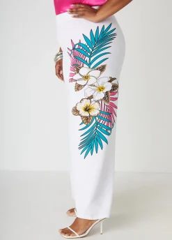New Ashley Stewart Tropical Print Wide Leg Pants White